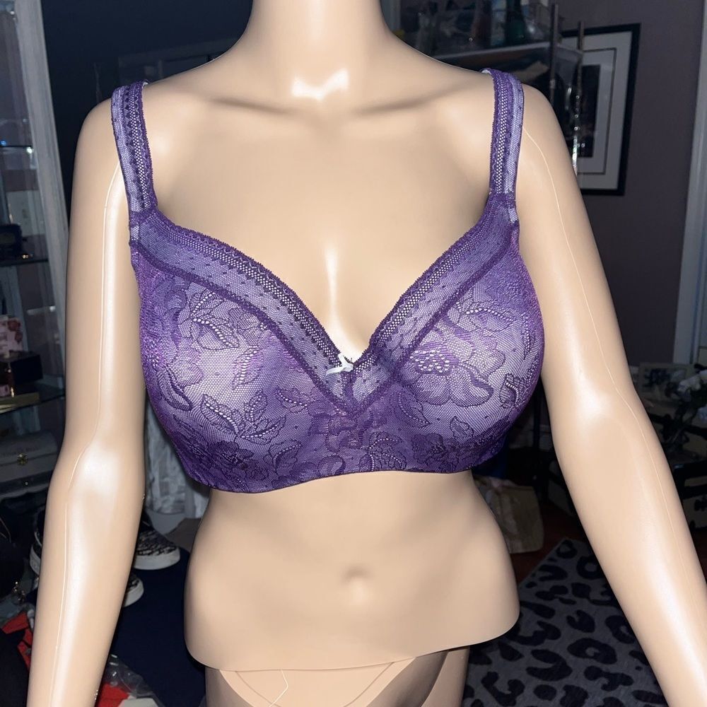Cacique Lightly Lined Balconette Underwire Purple Lace Bra sz 42DD